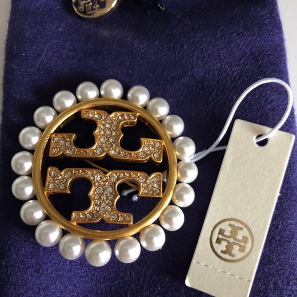 Tory Burch Gold Miller Pavé Pearl Brooch - Picture 7 of 16